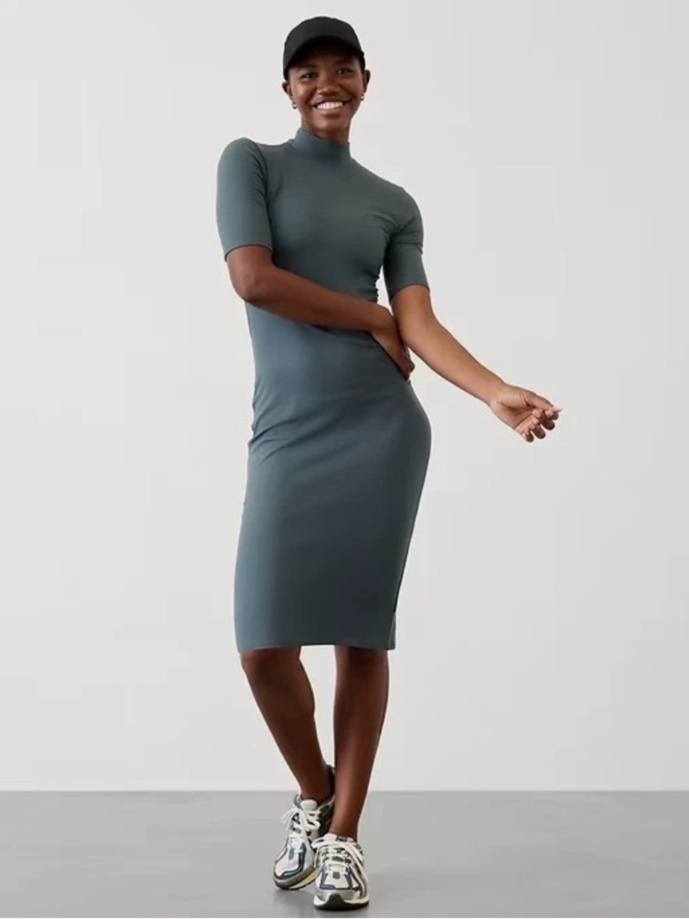 Athleta Signature Ribbed Mock Neck Midi Dress in Eden (Gray Green) Modal Blend